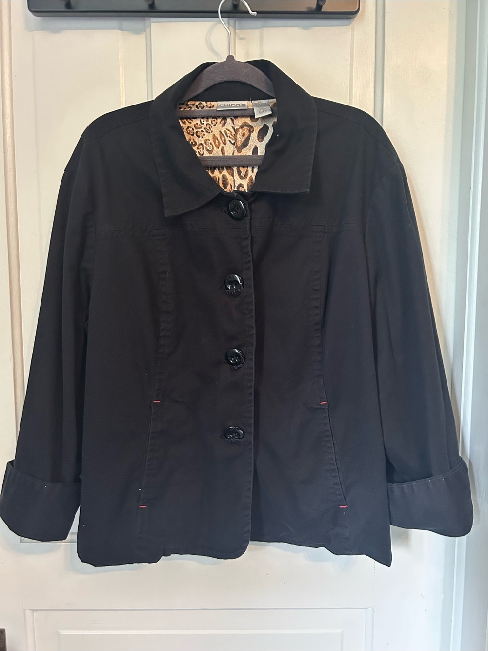 Chico's Black Button-Front Jacket with Leopard Lining 3/4 Sleeves